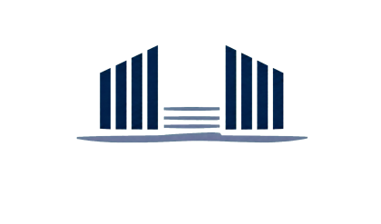 Simplified navy fence and blue-grey water emblem
